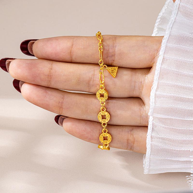 Стильный браслет с древними монетами для женщин – Ретро вьетнамское песочное золото с блестящими бусинами и долговечным сохранением цвета.