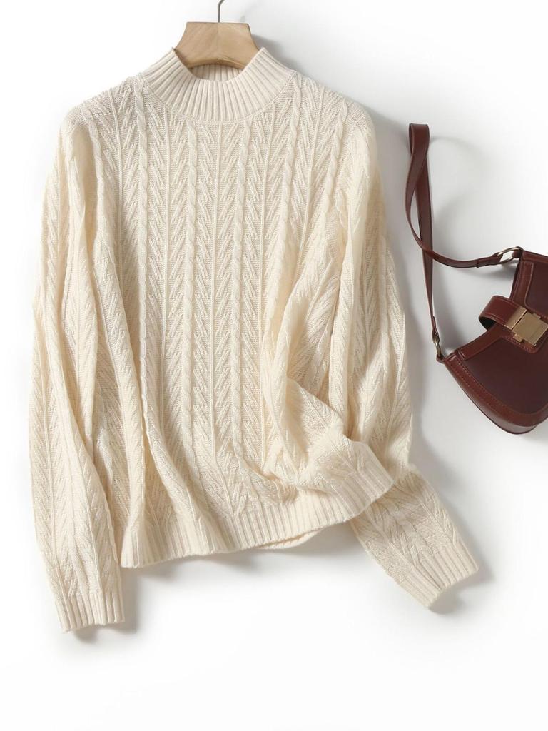 Women's Retro Half-High Neck Cable Knit Wool Sweater (BN629) - Autumn Winter Casual Knitwear