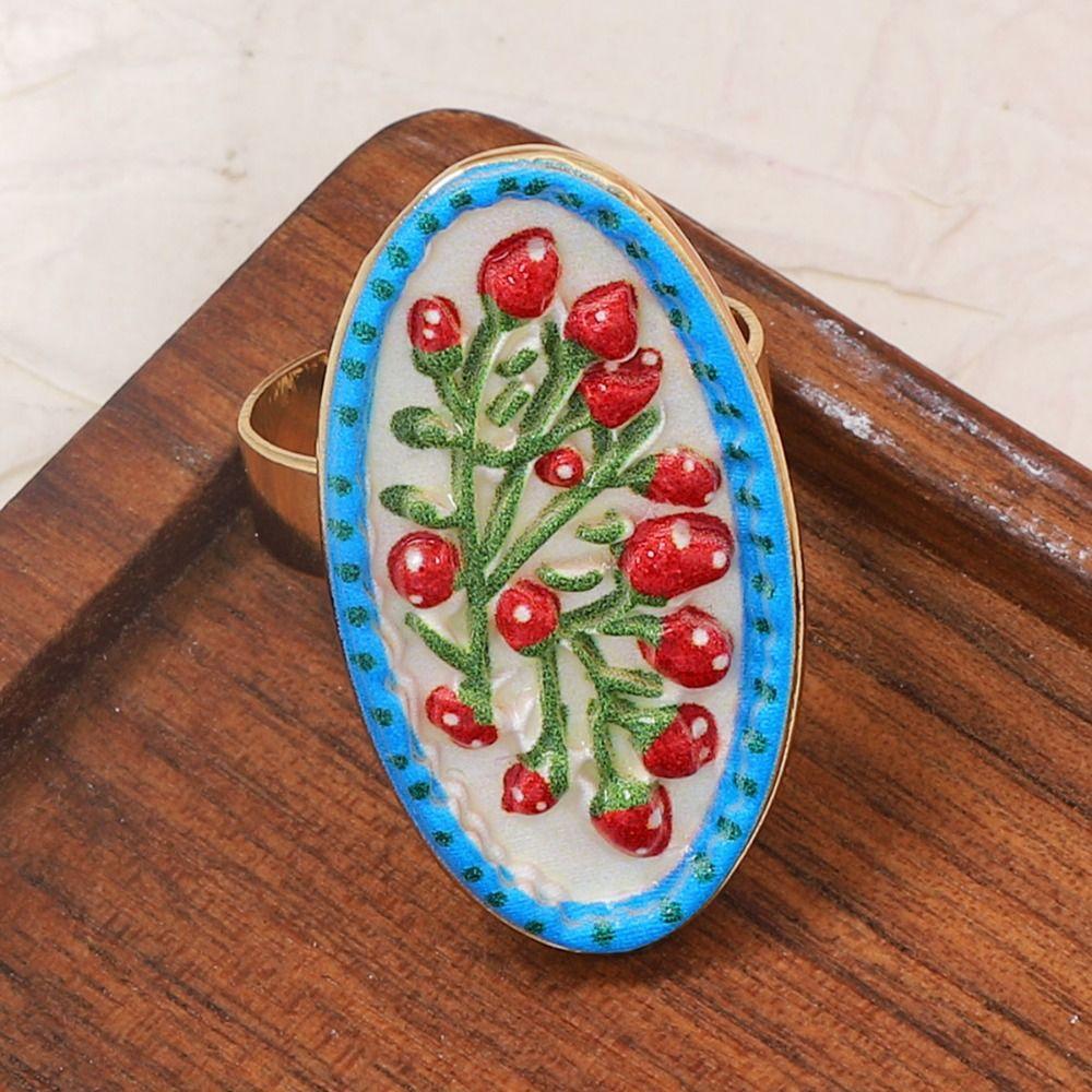 Ethnic Style Vintage Ring French Opening Ring Luxury Enamel Flower Ring Fashion