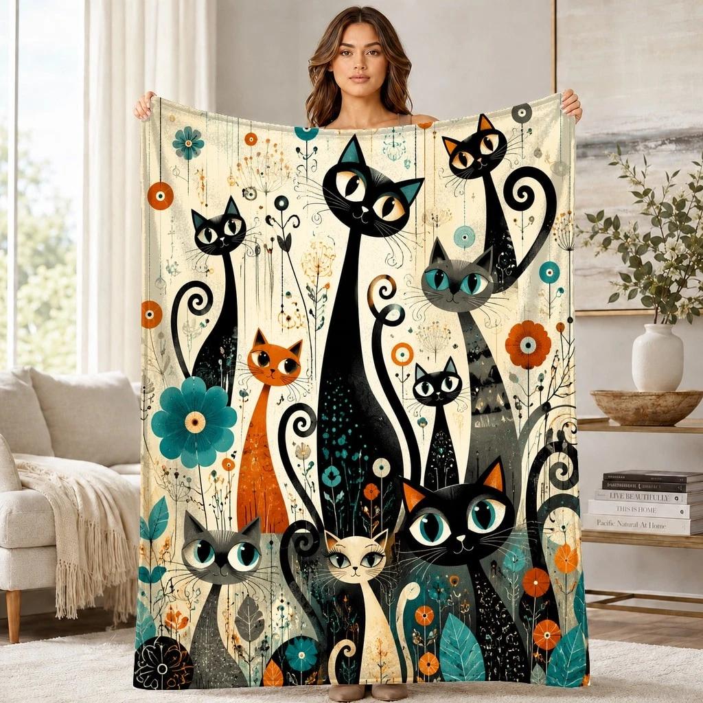 Whimsical Cats And Flowers Coral Fleece Blanket Cute Floral Decor