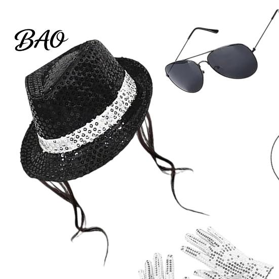 Glitter Sequin Hat Pop Rockstar Costume Set for Adults, Black Sequins Hat, Glasses, Gloves, Classic Design Microphone, Role Play Accessories