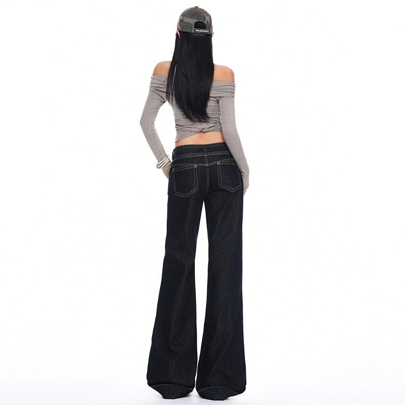 American style non-stick leg slightly pulled jeans women's autumn and winter new design double buckle loose and thin floor-mopping horn trousers