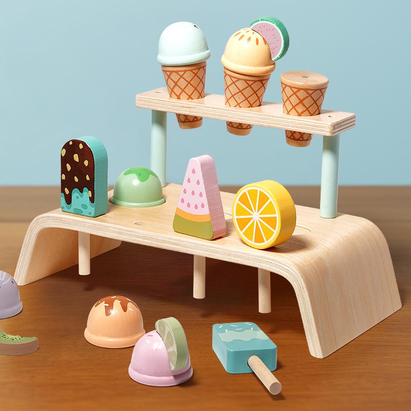 Wooden I Cream Counter Playset for Toddler Toys, Montessori Pretend Play Food Toys Kitchen Acssories