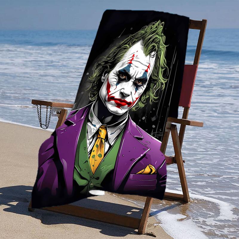 proof beach towel with a Joker character pattern - soft,absorbent,quick-drying,machine washable - perfect for swimming,camping,bathing