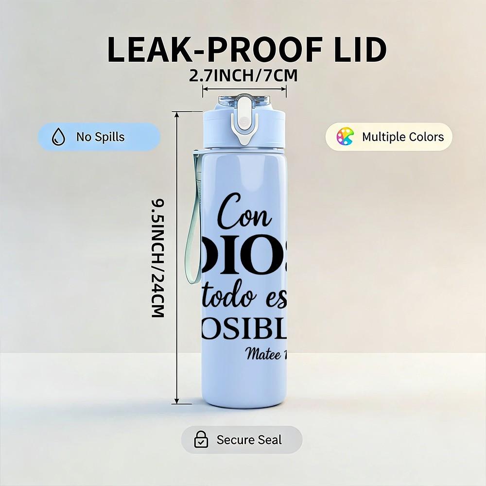1PC Con Dios Todo Es Posible Text 750ml Color Plastic Sports Water Bottle Leakproof Flip Straw Lid Suitable for Sports Office Home Use
