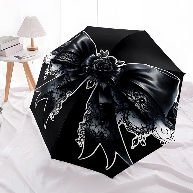 1pc Black Bow Ribbon Lace Automatic Opening and Closing Folding Umbrella with 8 Iron Ribs - Portable, Foldable for Travel yy251124130