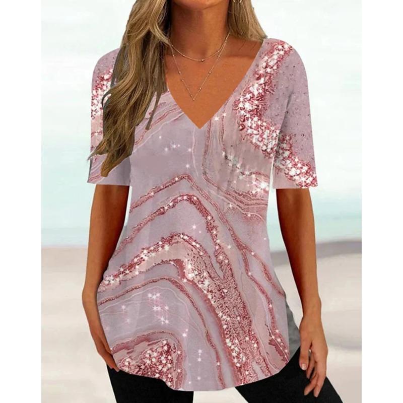 Plus Size Simple Women's T-shirt 3d Wave Curve Tee Fashion V-neck Summer Short Sleeve Loose Streetwear Female Clothes Casual Tshirt Ladies