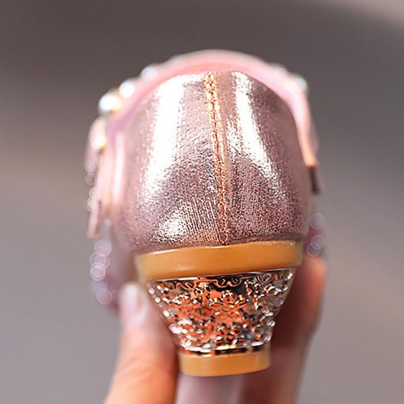 Kids Girls Sequin High Heeled Shoes Elegant Pearl Princess Shoes
