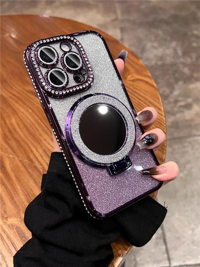 For iPhone 16 Pro Max Luxury Plating Flash Mirror Holder Stand Diamond Frame For iPhone 11 12 13 14 15Plus Lens Protective Cover