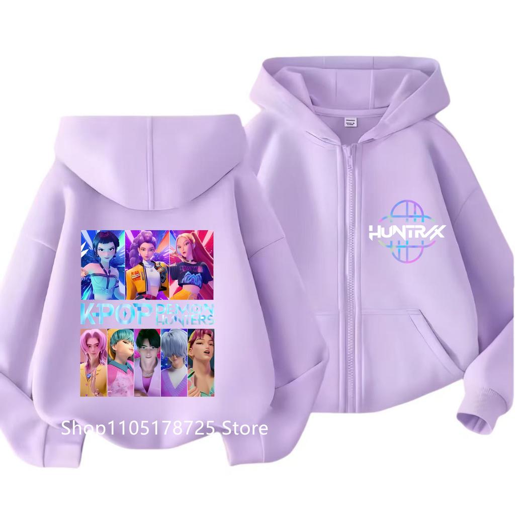 Новые Кавайные Толстовки на Молнии Kpop Охотники на Демонов Худи Детская Одежда Мальчик Девочка Толстовка с Молнией и Капюшоном Детский Повседневный Топ