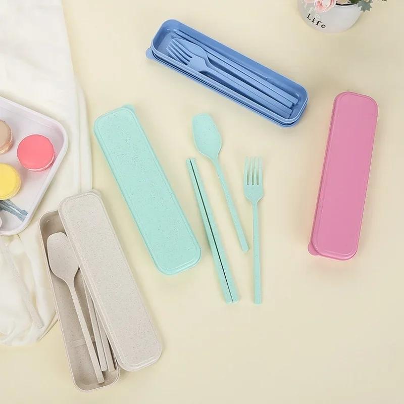 Portable Cutlery Box, 3pcs/set Travel Dinnerware Sets, Japan Style Wheat Straw Knife Fork Spoon, Student Kitchen Tableware