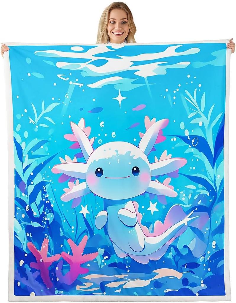 Cute Pink Axolotl Blanket Soft Fleece Throw Cherry Blossom Design Fantasy Art Kids Room Decor