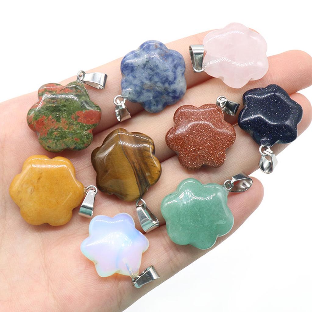 9Pcs, Elegant Flower Crystal Pendant Necklace, Natural Stone Jewelry for Women | Boho Chic DIY Craft | Healing Crystal Energy, Quartz Gems Charms 20mm