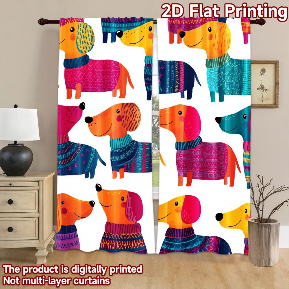 2D flat printing 2pcs Scene Curtains Dachshunds Cute Dogs Digital Printed Polyester Drapes Holiday Decorations Use for Holiday