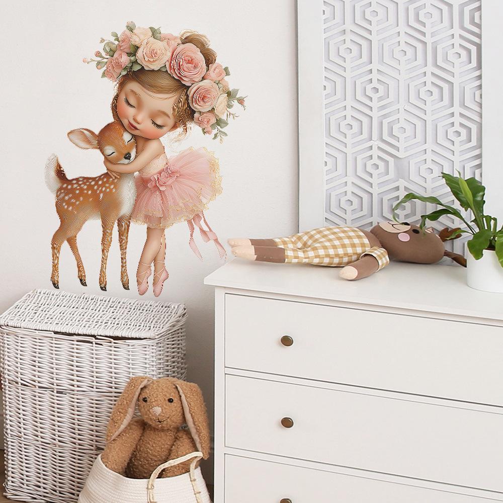 A Cartoon Ballet Girl Hugging A Little Deer Flower Bedroom Home Beautification Sticker