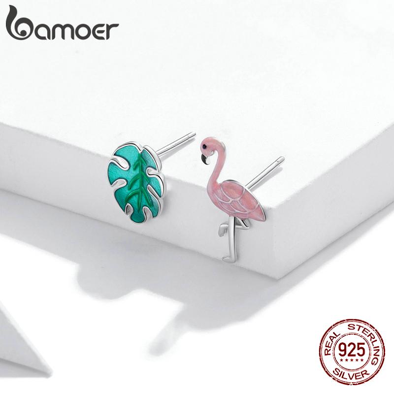 Серьги-гвоздики BAMOER из стерлингового серебра 925 пробы с фламинго и листьями, свежие серьги-гвоздики для девочек, ювелирные изделия