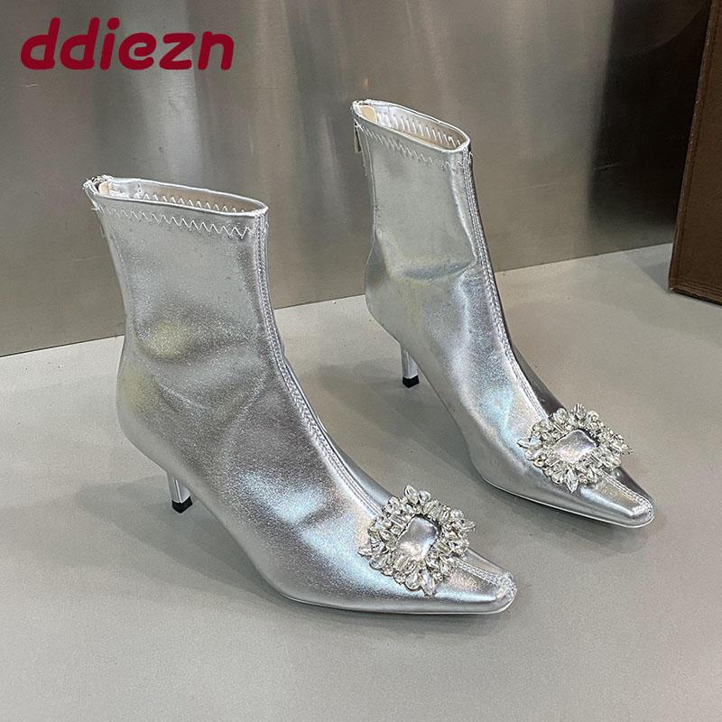 Fashion Silver Fashion Rhinestones Modern Women Ankle Boots Heels Footwear Party Ladies Short Stretch Boots Female Pumps Shoes