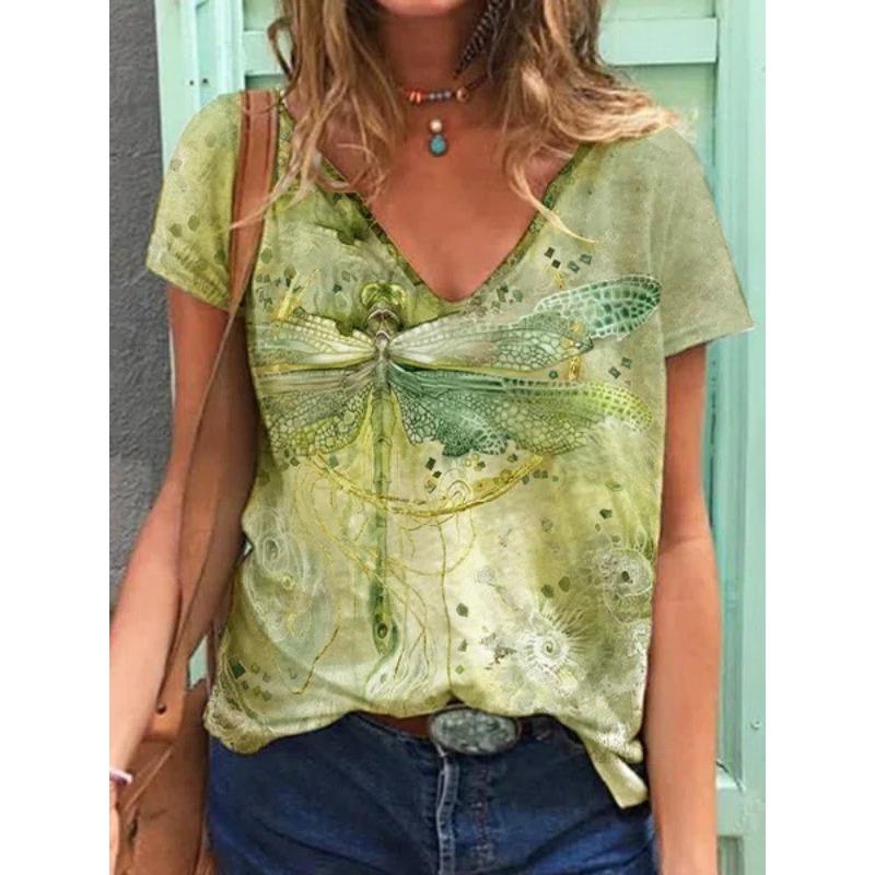 Summer Butterfly Dragonfly 3dV Neck Printed New Women's Top T-shirt