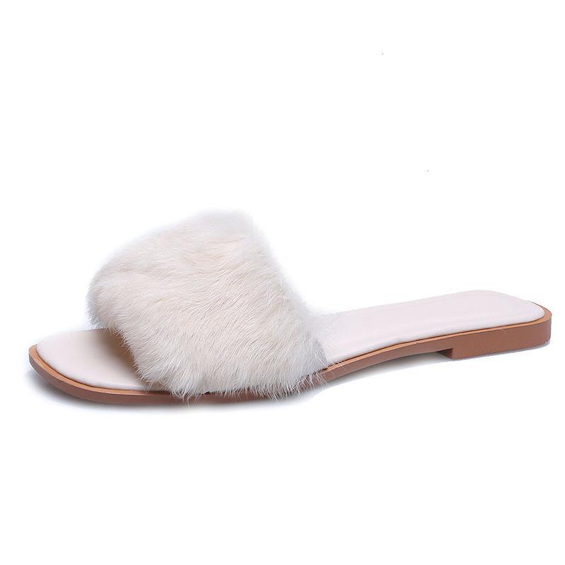 Fashion Bedroom Slides Shoes for Women 2024 Fuzzy Low Heel Summer Soft House Furry Sandals Woman Slippers Green Home Luxury On Promotion