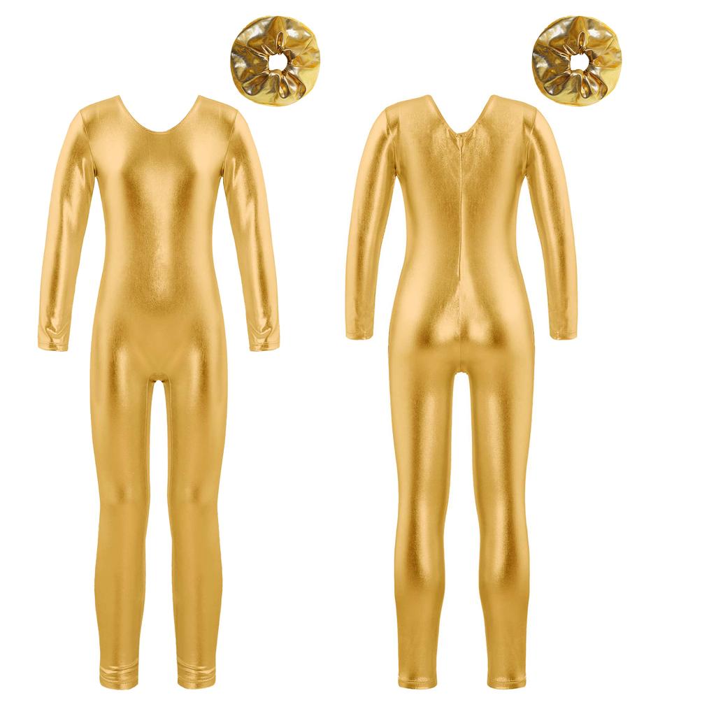 Детский гимнастический купальник для девочек с длинным рукавом, блестящий металлический, балетный танцевальный купальник, комбинезон, комбинезон с резинкой для волос