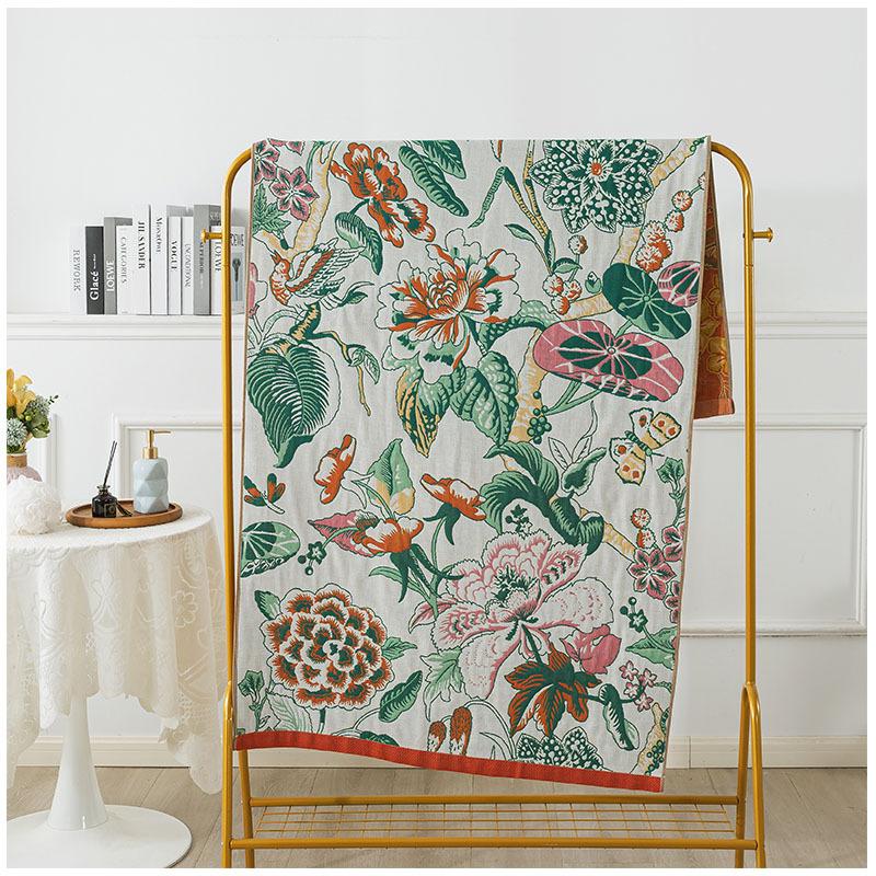 90 X180cm Absorbent Quick Drying Floral Large Bath Towels 4 Layer Gauze Towel Cotton Blanket Boho Jacquard Air Conditioning Thin Comforter Blanket 1pc