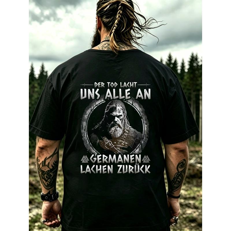 Men'S Black T-Shirt With Viking Warrior Graphic And German Text For Battle And Outdoor Events, PLUS SIZE