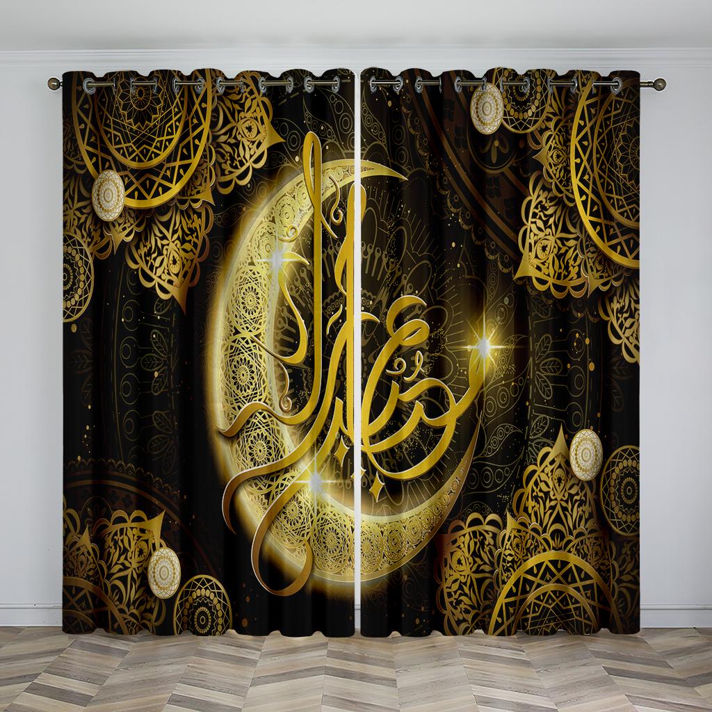 Luxury Eid Al Fitr Home Decor Sun Shade Curtains 2 Panel Islamic Ramadan Festival Curtains Living Room Bedroom Decor Curtains