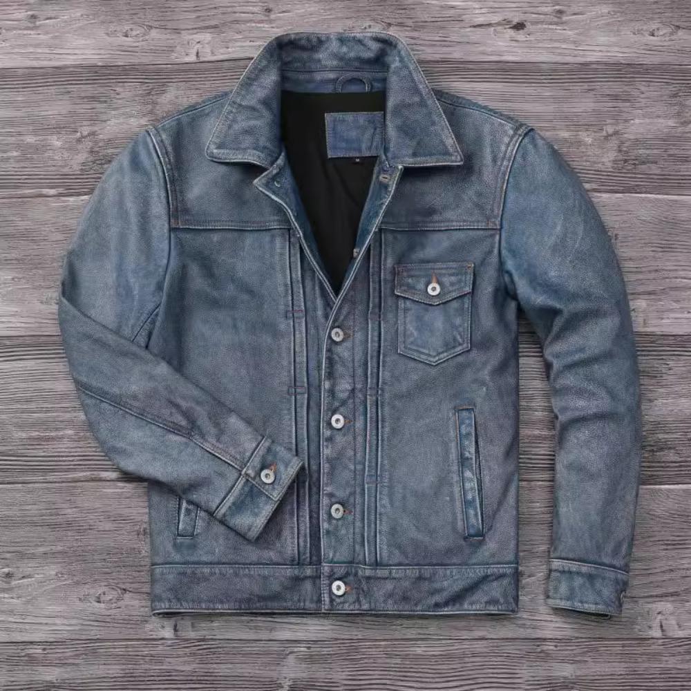 Китайский размер винтажная синяя натуральная кожаная куртка мужская 506 стиль Slim Fit короткая воловья кожа мужское кожаное пальто осень
