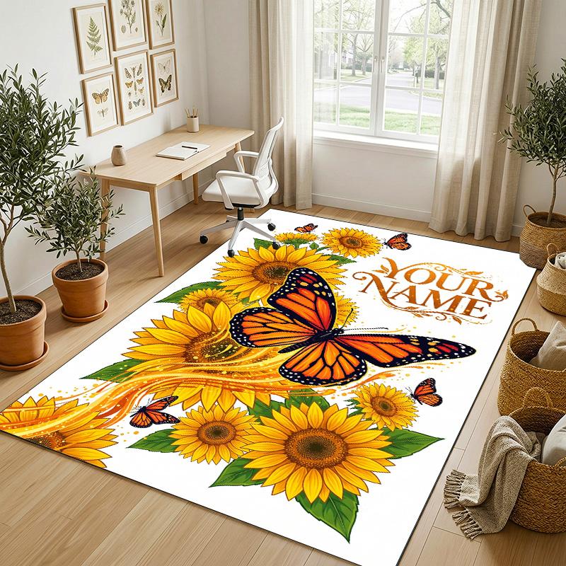 Butterfly Theme Crystal Velvet Rug Personalized Custom Name Text Soft Floor Mat Home Decor