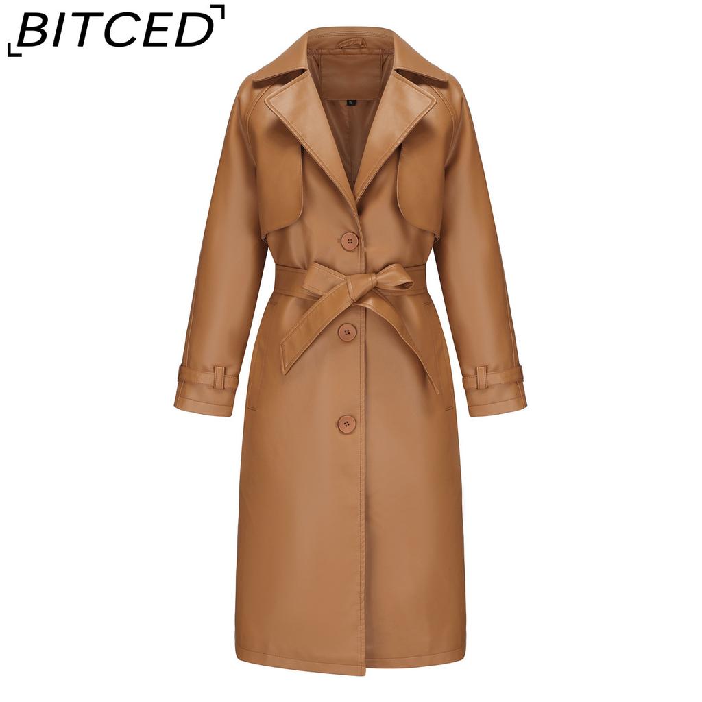 BITCED Spring/Autumn Women's Trench Coat - Long, Loose-Fit Jacket In PU Leather Classic Women's Collared Coat with Belt