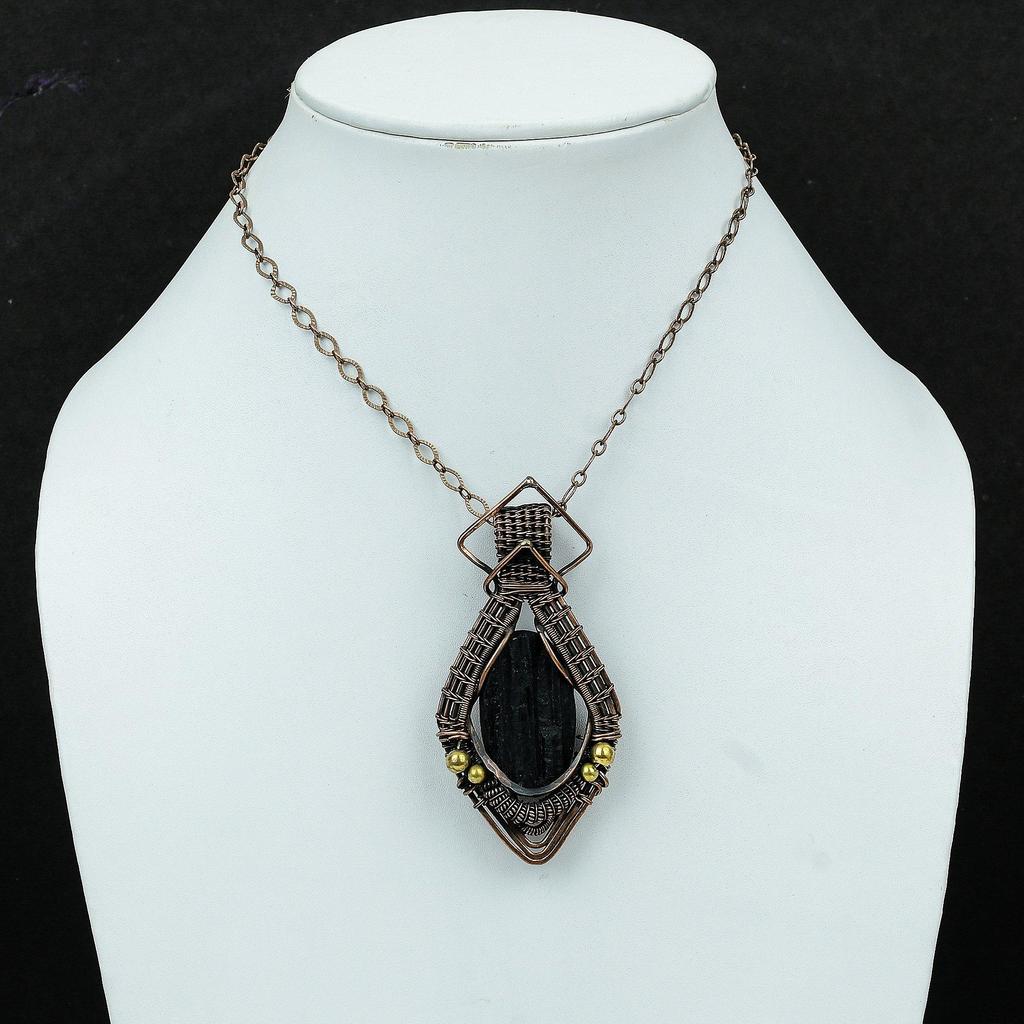 Черный турмалин грубый кулон медная проволока обернутый кулон драгоценный камень кулон ручной работы медная проволока ювелирные изделия свадебный подарок уникальный кулон