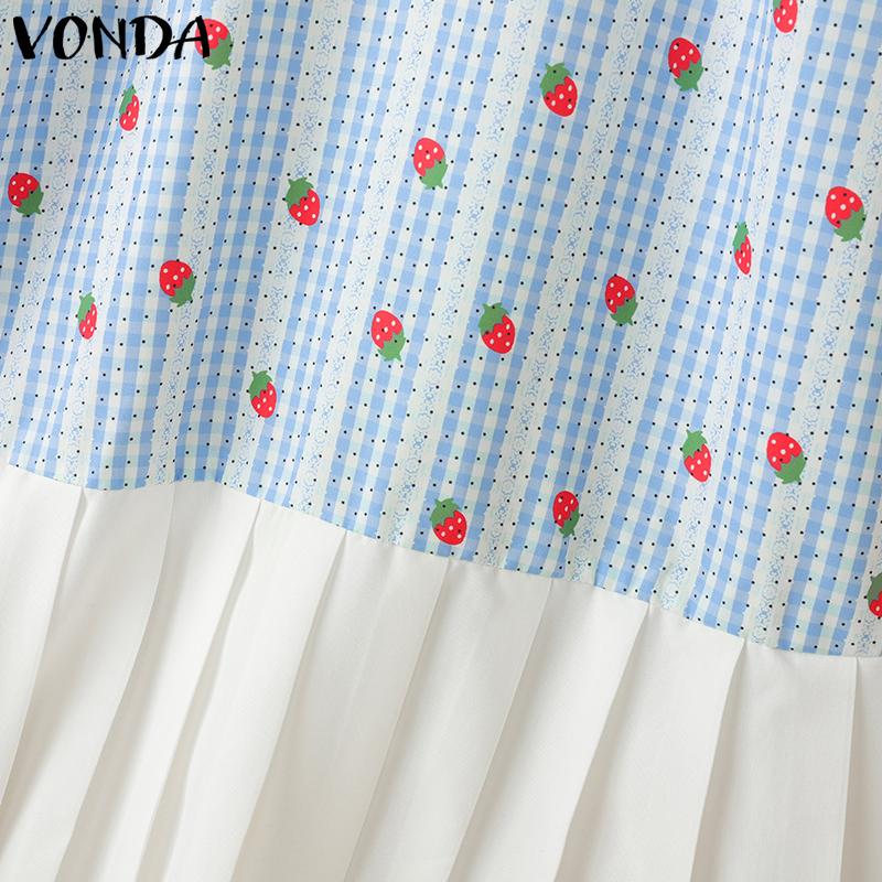 VONDA Women Lapel Neck Short Sleeve Plaid Print Patchwork Ruffled Mini Dress