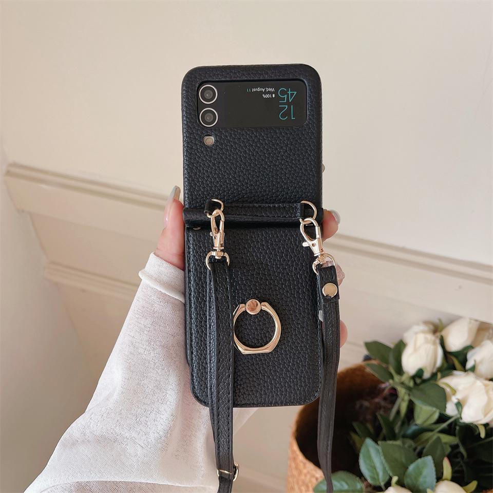 Кожаный чехол для телефона с ремешком через плечо для Samsung Galaxy Z Flip 5 4 3 Flip5 Flip4 Flip3 5G/iphone 15 14 13 12 11 Pro Ring Beauty Mirror