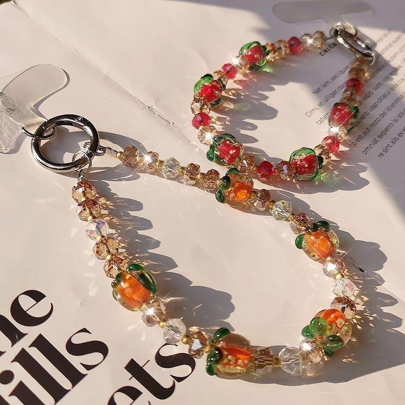 Sparkly Persimmon Beaded Phone Wrist Strap, Crystal Fruit Phone Lanyard with Clip