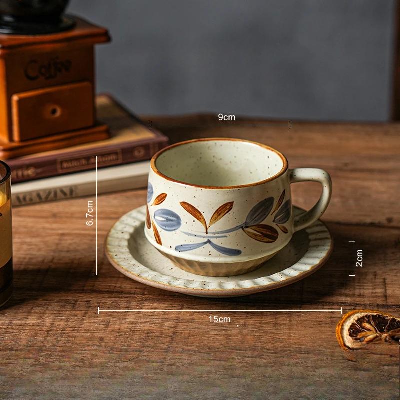 High-class Sense of Retro Coffee Cups and Saucers Set of Creative Rough Pottery Flower Cups Household High-grade Exquisite Mugs