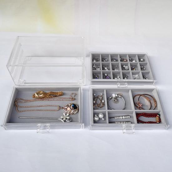 Акриловый органайзер для ювелирных изделий с 3 ящиками и несколькими отделениями, держатель для сережек, регулируемые подносы, пыленепроницаемая прозрачная шкатулка для драгоценностей