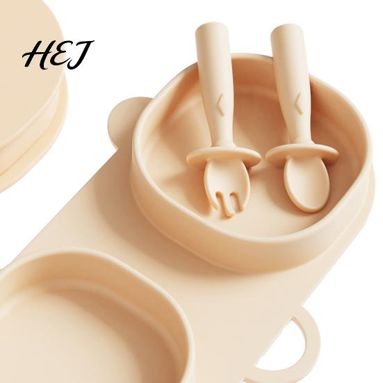 Toddler Silicone Divided Plates Baby Foldable Dinner with Fork And Spoon, Easy Storage Kids Feeding Tray Travel Essentials, Suction Set Friendly