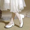 Spring New Bow Mary Jane Shoes, Women Chunky Heel Round Toe French Shallow Mouth Leather Flat Pumps