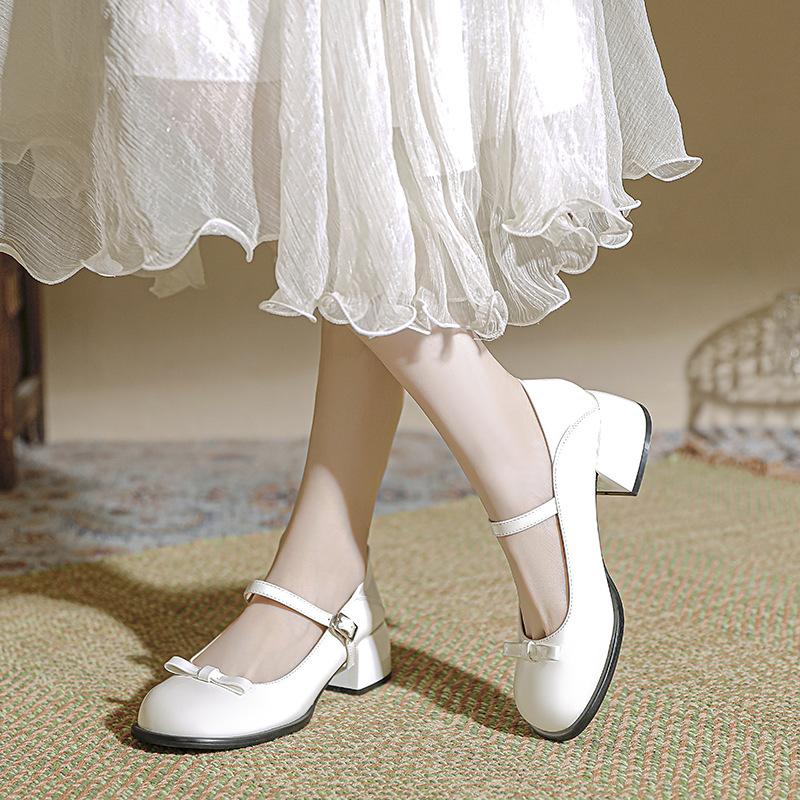 Spring New Bow Mary Jane Shoes, Women Chunky Heel Round Toe French Shallow Mouth Leather Flat Pumps