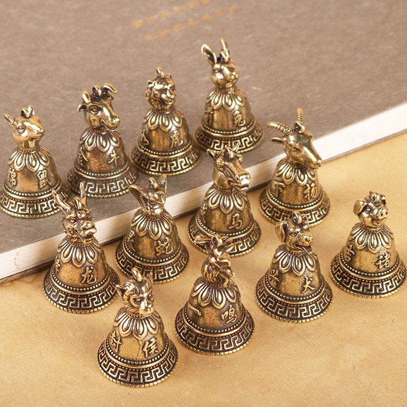 Brass Chinese 12 Zodiac Animals Heads Bell Keychain Pendants Jewelry Vintage
