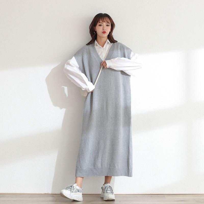 DIMANAF Женское платье-свитер Зима Осень Большой размер Новый вязаный жилет без рукавов с V-образным вырезом Женский базовый однотонный свободный пуловер