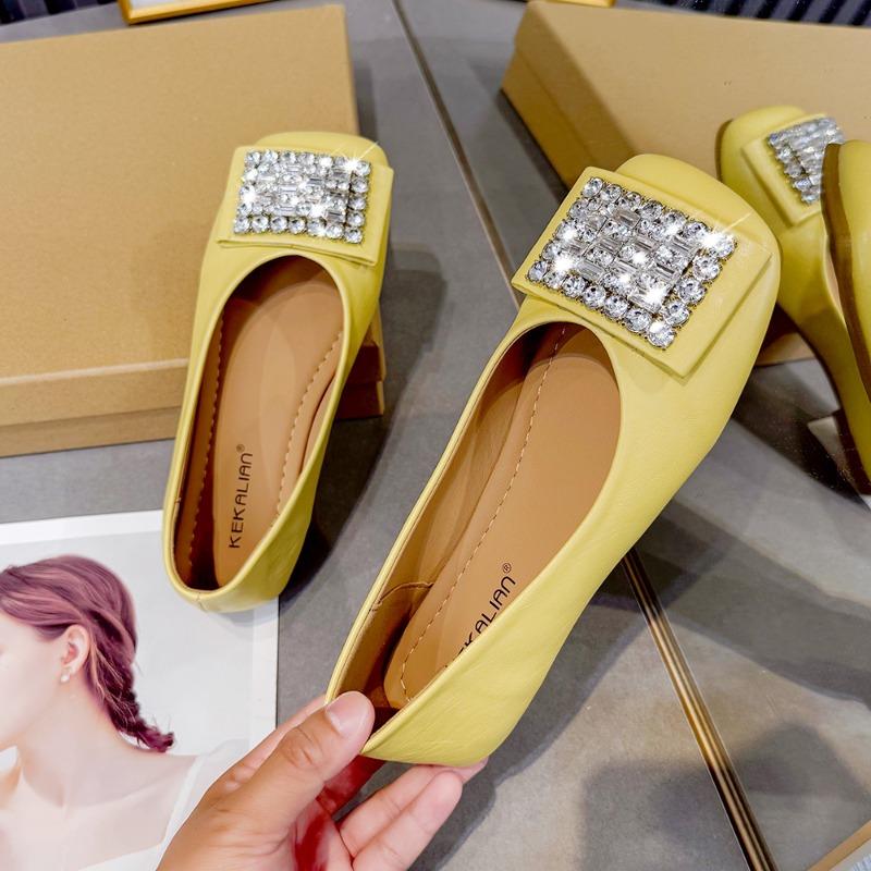 Модные плоские французские туфли-лодочки 2025 лето новые квадратный носок стразы мягкая подошва универсальные туфли-бобы французские