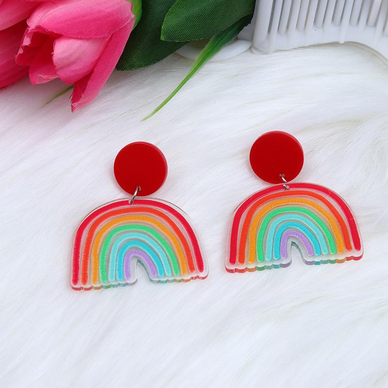 New Acrylic Printed Patchwork Earrings, Earrings, Fashionable and Personalized Love, Double Heart Rainbow Earrings, Ear Accessories for Women