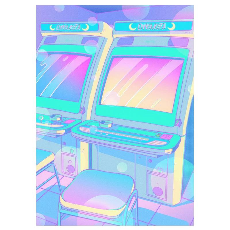 Постер в стиле 80-х Vaporwave Настенное искусство Городская ночь Улица Кошка Холст Живопись Принт Домашнее украшение Кавайная комната Декор Холст Картина