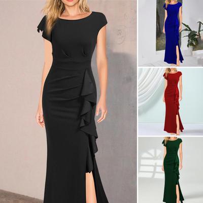 Женское летнее платье с круглым вырезом и короткими рукавами, платье с высокой талией и боковыми рюшами, декор с разрезом подол, облегающее вечернее платье с запахом бедра