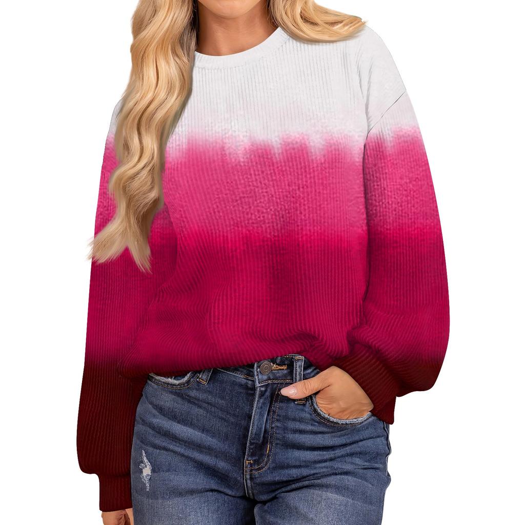 Женские повседневные свободные туники, топы с круглым вырезом, трикотажные ребристые рубашки с принтом, длинный рукав, пуловер, топ