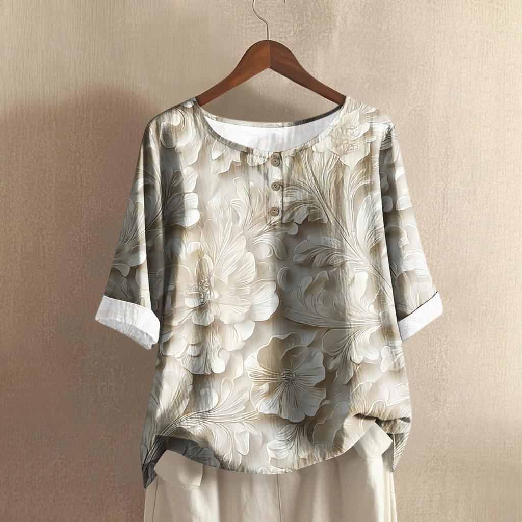 Женская модная и повседневная рубашка с полурукавом, круглым вырезом, принтом, из хлопка и льна, блузка-топ