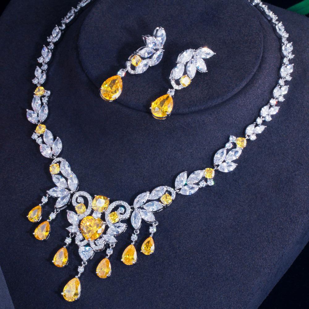 CMM Роскошный белый золотой цвет с кисточками, ожерелье, серьги, комплект ювелирных изделий в богемном стиле с кубическим цирконием