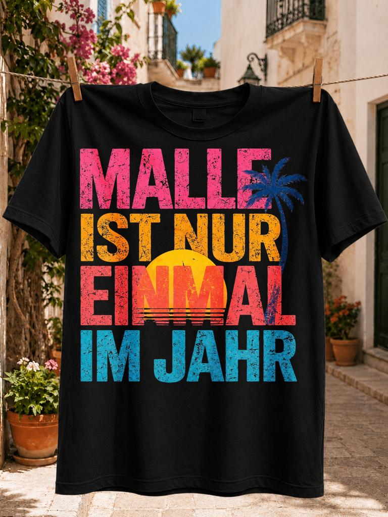 Malle Ist Nur Einmal Im Jahr with distressed retro sunset stripes and palm tree vacation artwork Unisex All TShirt