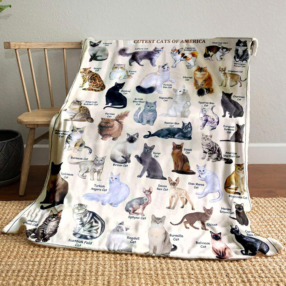 Cute Cat Breeds Pattern Blanket bedroom Blanket for Livingroom Couch lunch break Soft throw for Friend's festival Gift